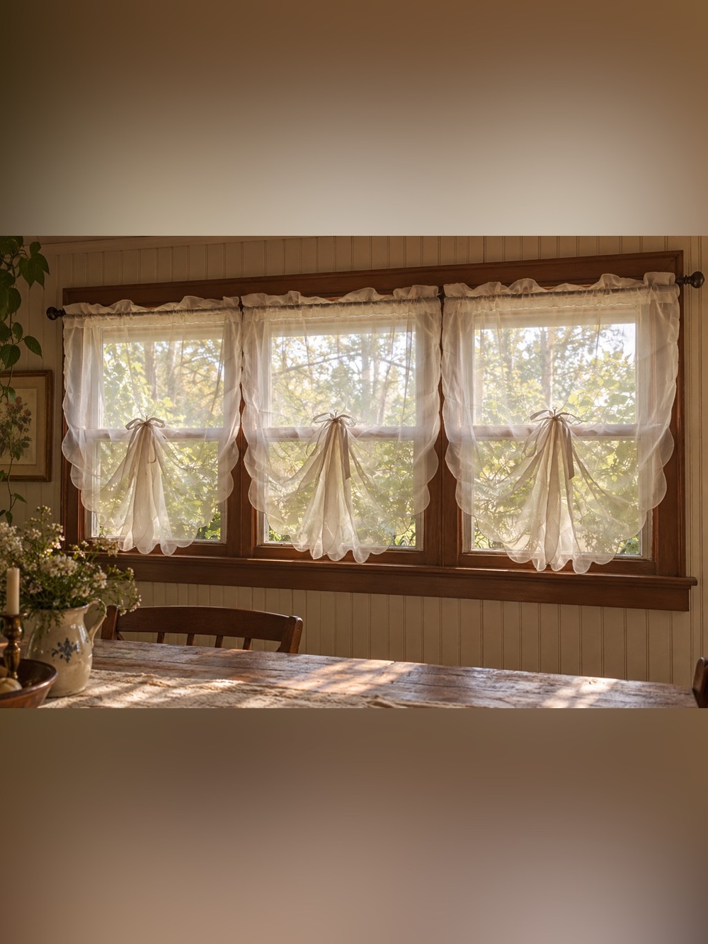 3 Vintage Sheer white Scalloped Tie-Top Cafe Curtains - Brand Unspecified